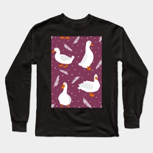 White Pekin Ducks with feathers and dots repeat pattern Long Sleeve T-Shirt